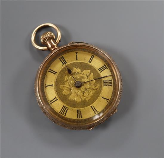 A 9k gold fob watch with gilt dial, cased